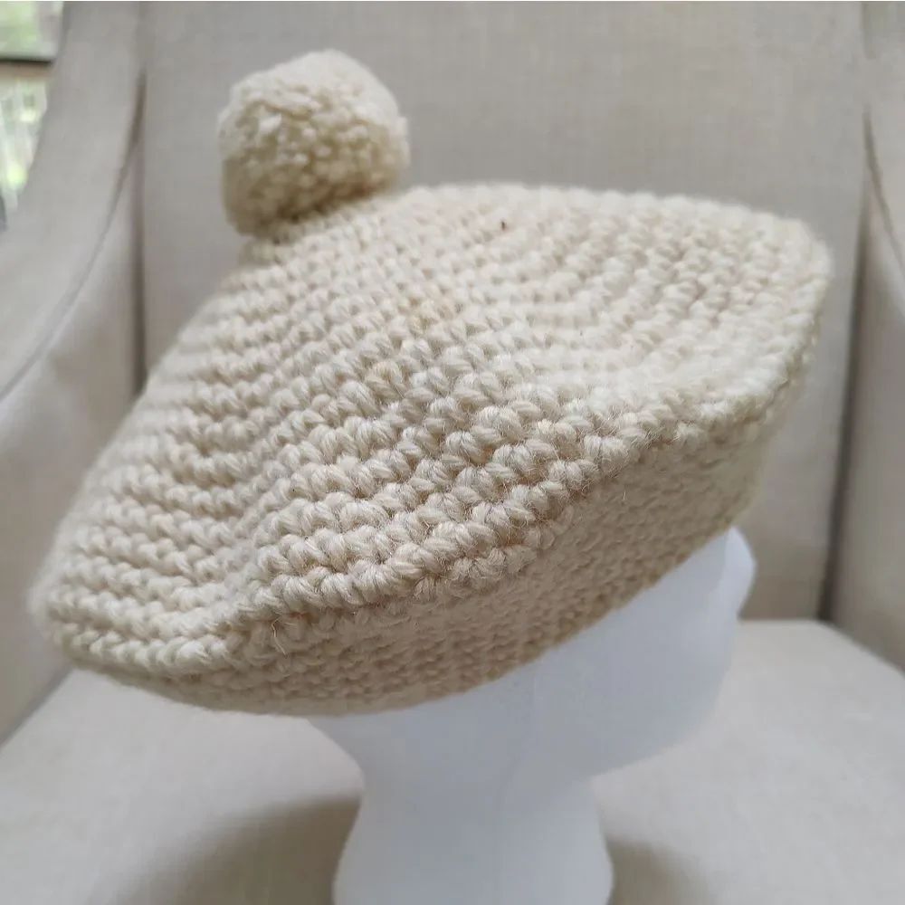 Vintage Hand Knit Pure Wool Irish Tam BeretβHat with PomβPom